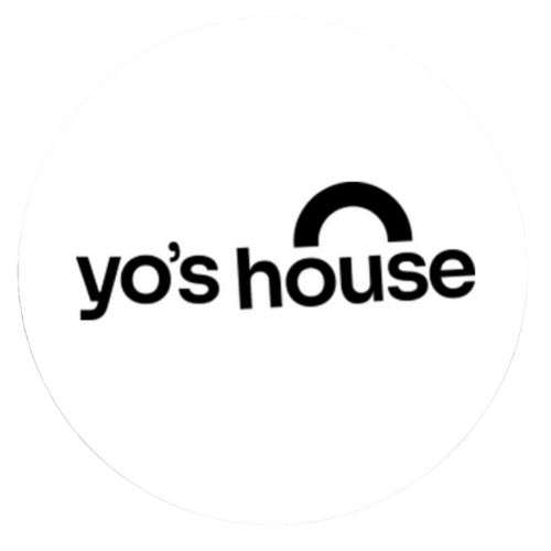 Text logo "yo's house" with a stylized roof over the "u" in "house" on a white background.